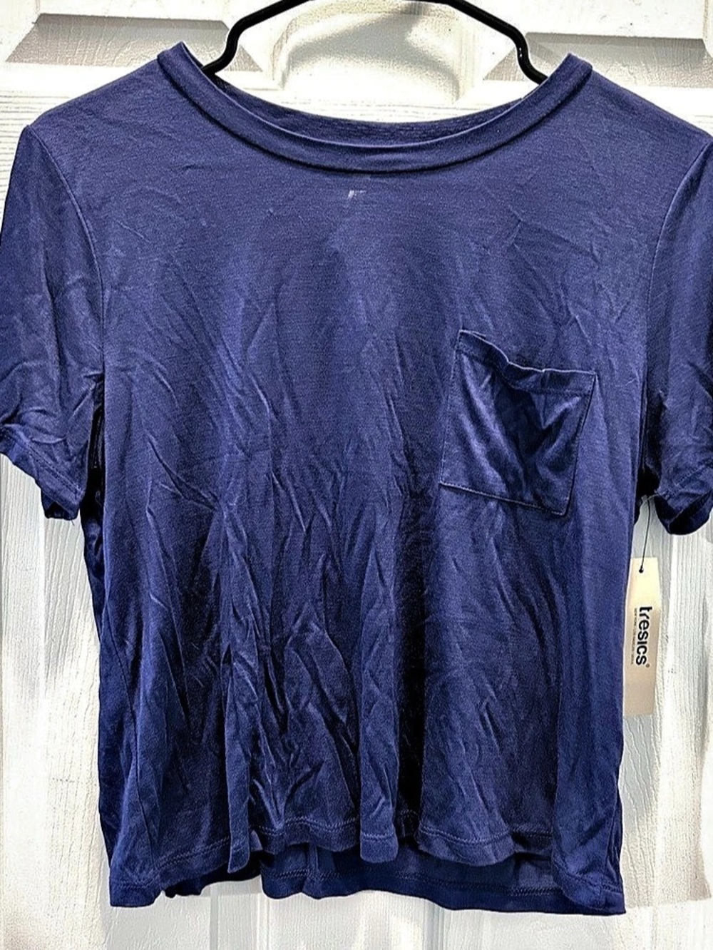 tresics Top Women’s Large Blue Short Sleeve Pocket Rayon Coastal